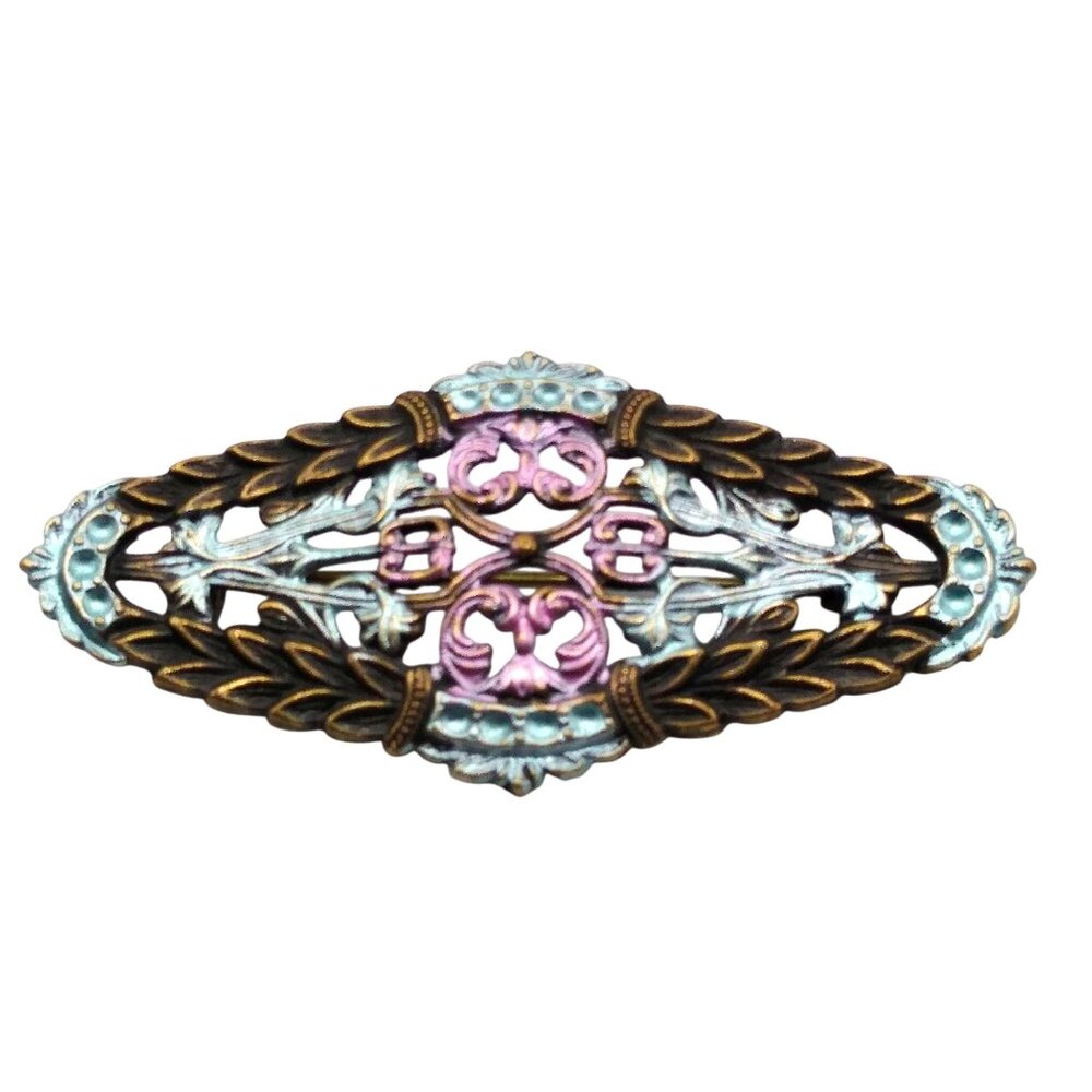 Vintage Ornate Brass Bar Brooch with Pastel Sheen in Purple and Blue, Elegant